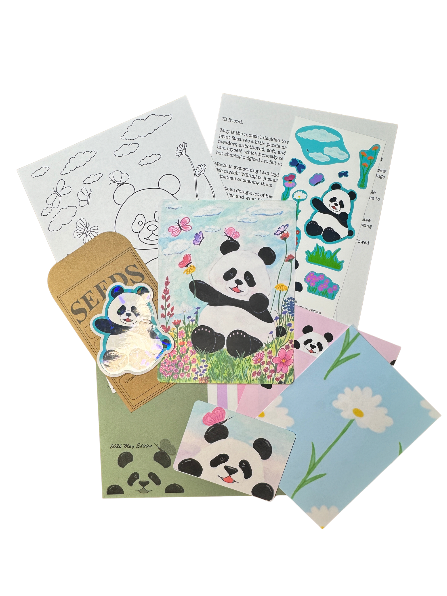Mail club paper laid out of mochi the panda with an art print ACEO card and designed scrapbook paper 