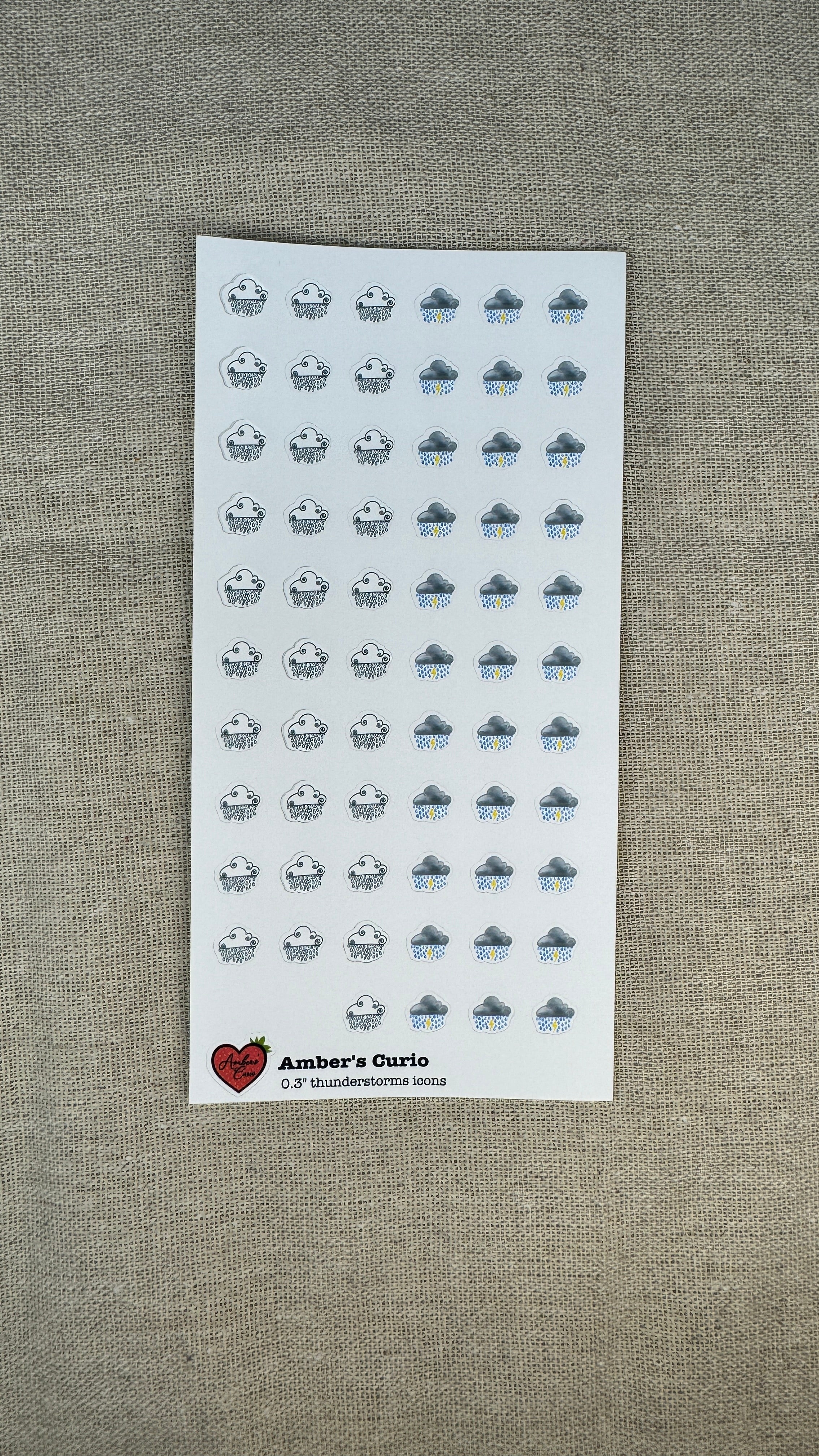 Sticker sheet of decorative weather thunderstorms icons printed on premium matte sticker paper