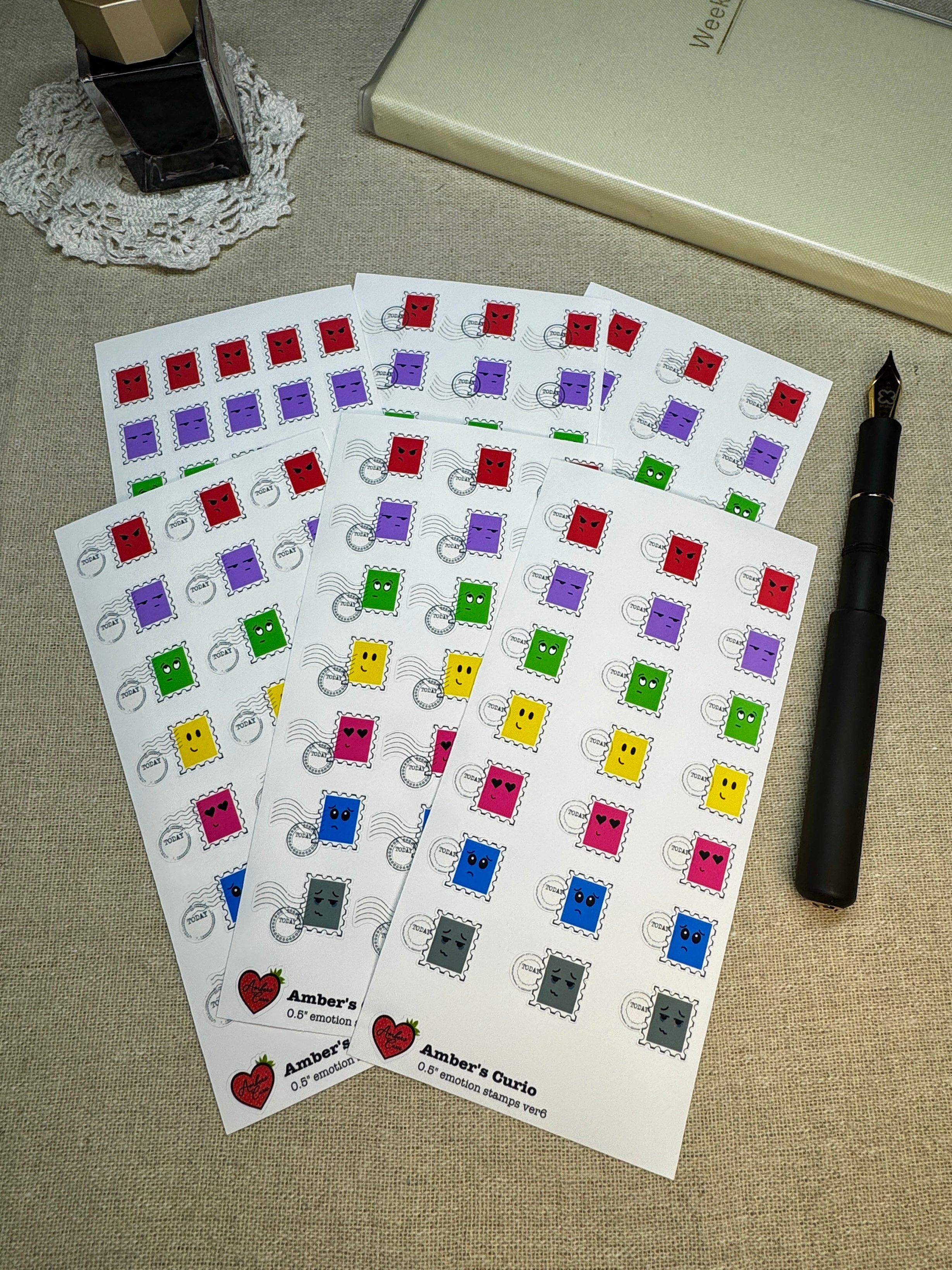 Sticker sheets of emotion doodle icons shaped as stamps printed on premium matte sticker paper