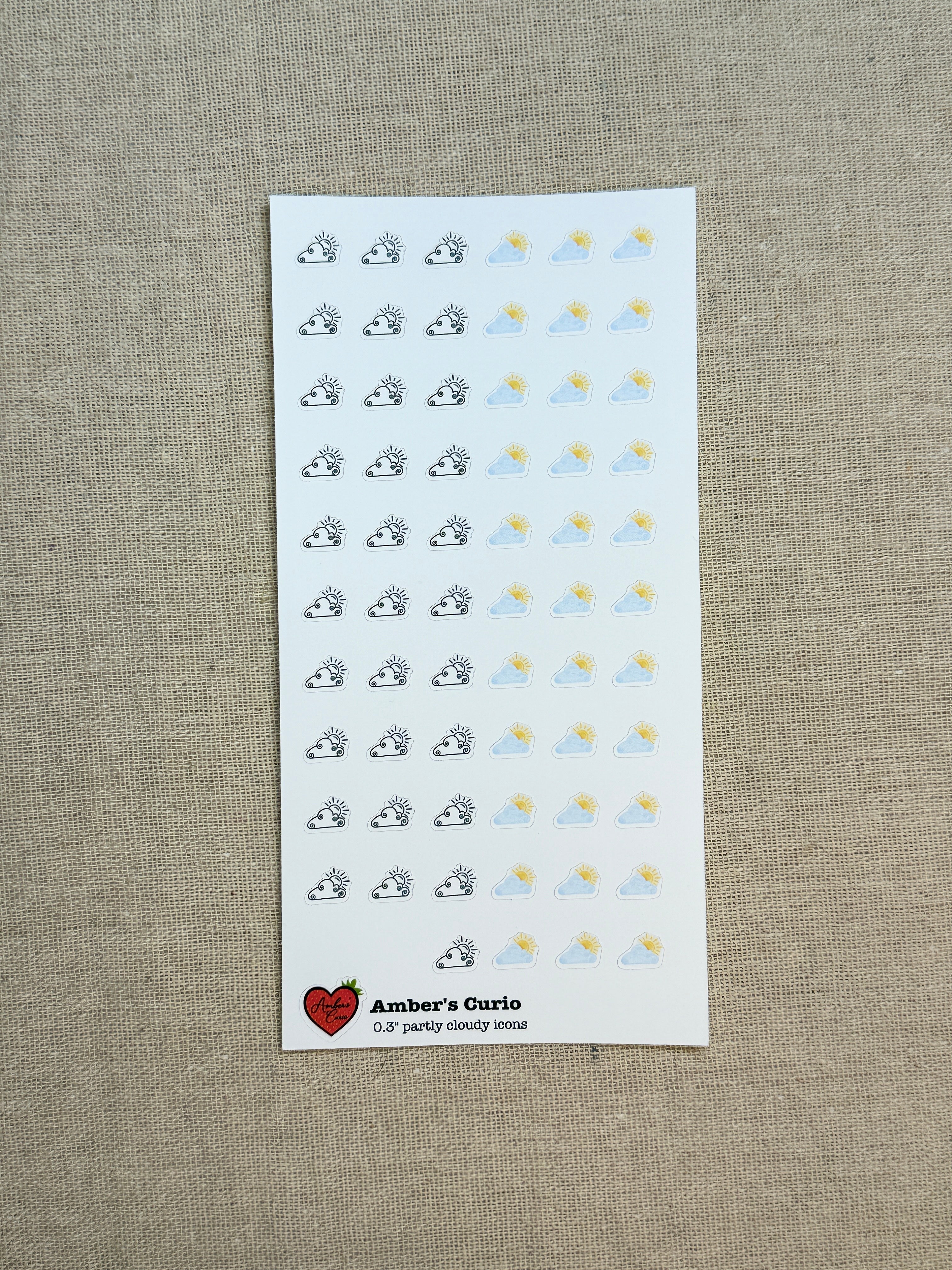 Sticker sheets of decorative weather partly cloudy icons printed on premium matte sticker paper