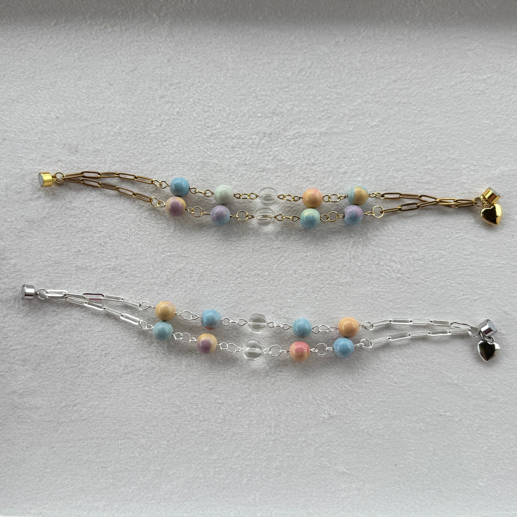 Two beaded bracelets with paperclip chains one in silver and one in gold of Rainbow Alexa Agate gemstones and hand carved clear quartz. 