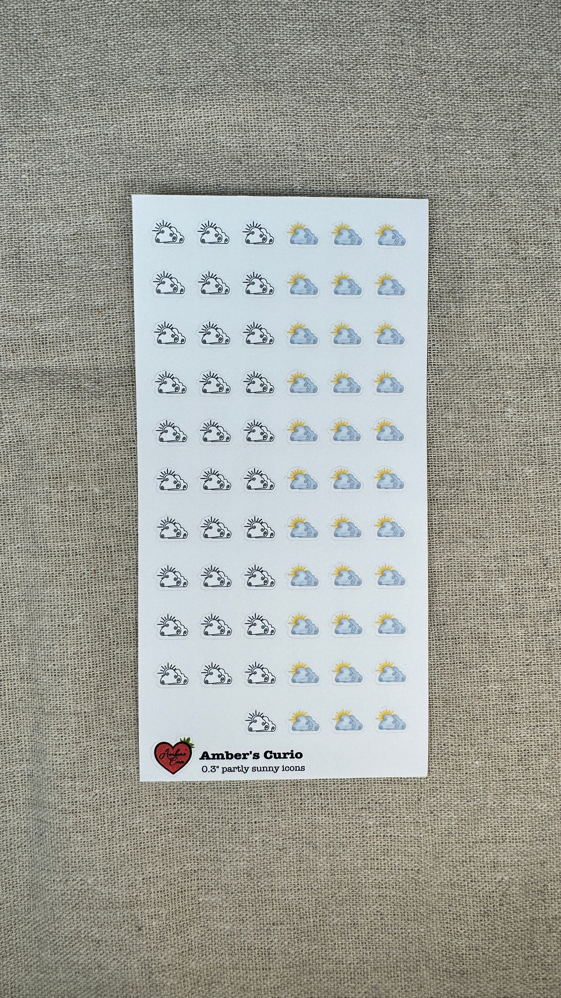 Sticker sheet of decorative weather partly sunny icons printed on premium matte sticker paper