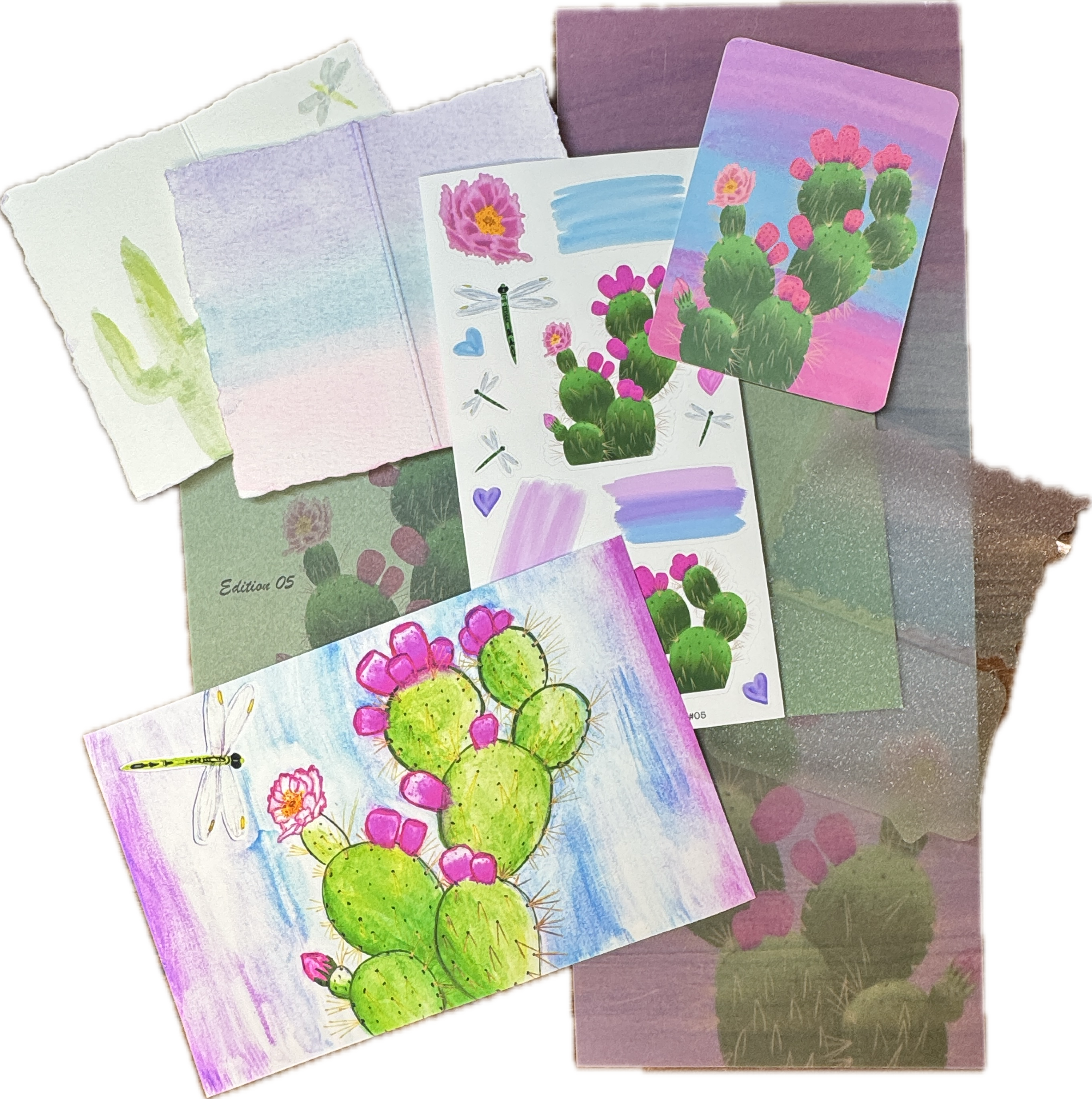 Mail Club Edition 5 spread out on a wooden table displaying prickly pear cactus and dragonfly designs. 