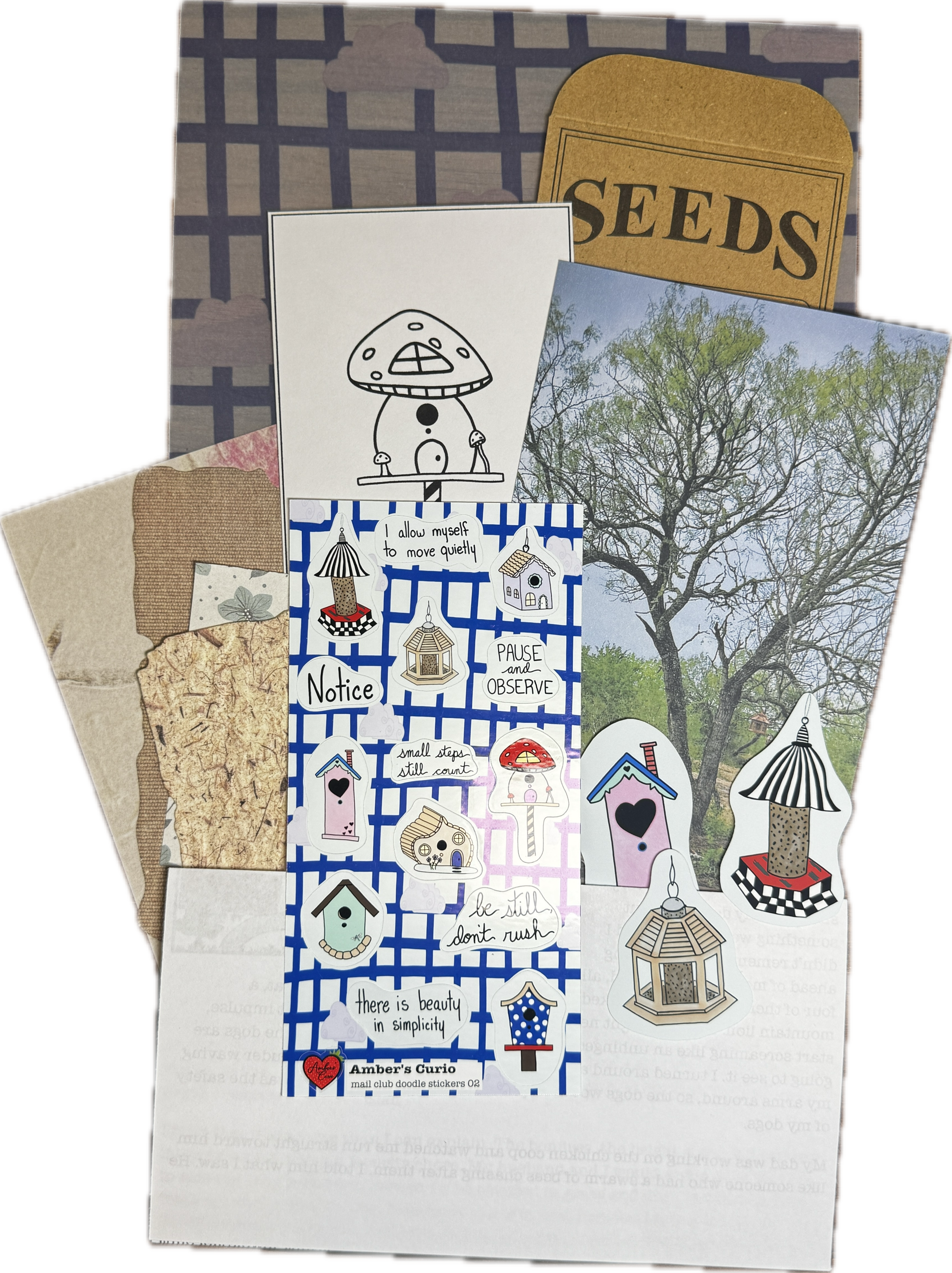 March Mail Club stationery items of stickers of birdhouses and a postcard