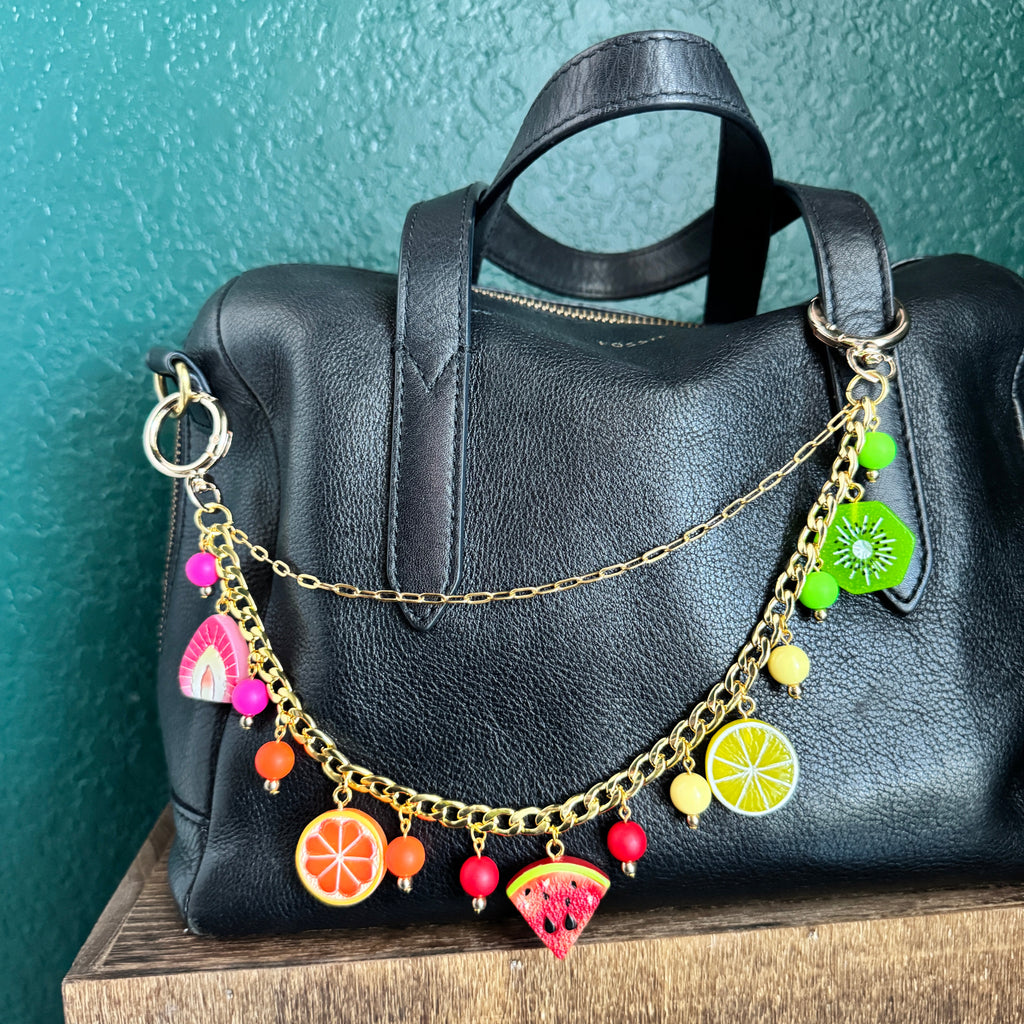 bag chain with fruit charms strawberry orange watermelon lemon and kiwi 