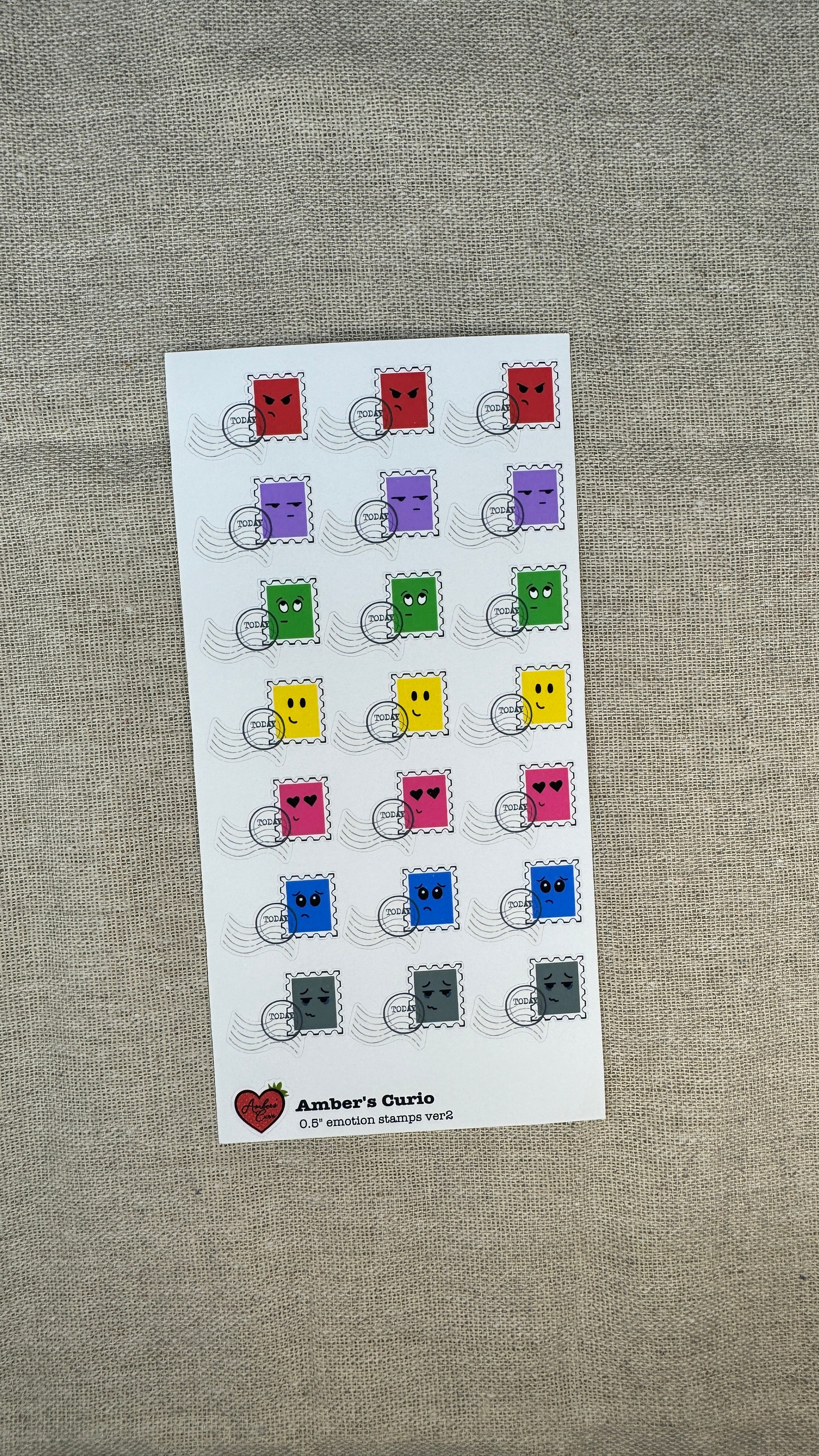 Sticker sheets of emotion doodle icons shaped as stamps printed on premium matte sticker paper