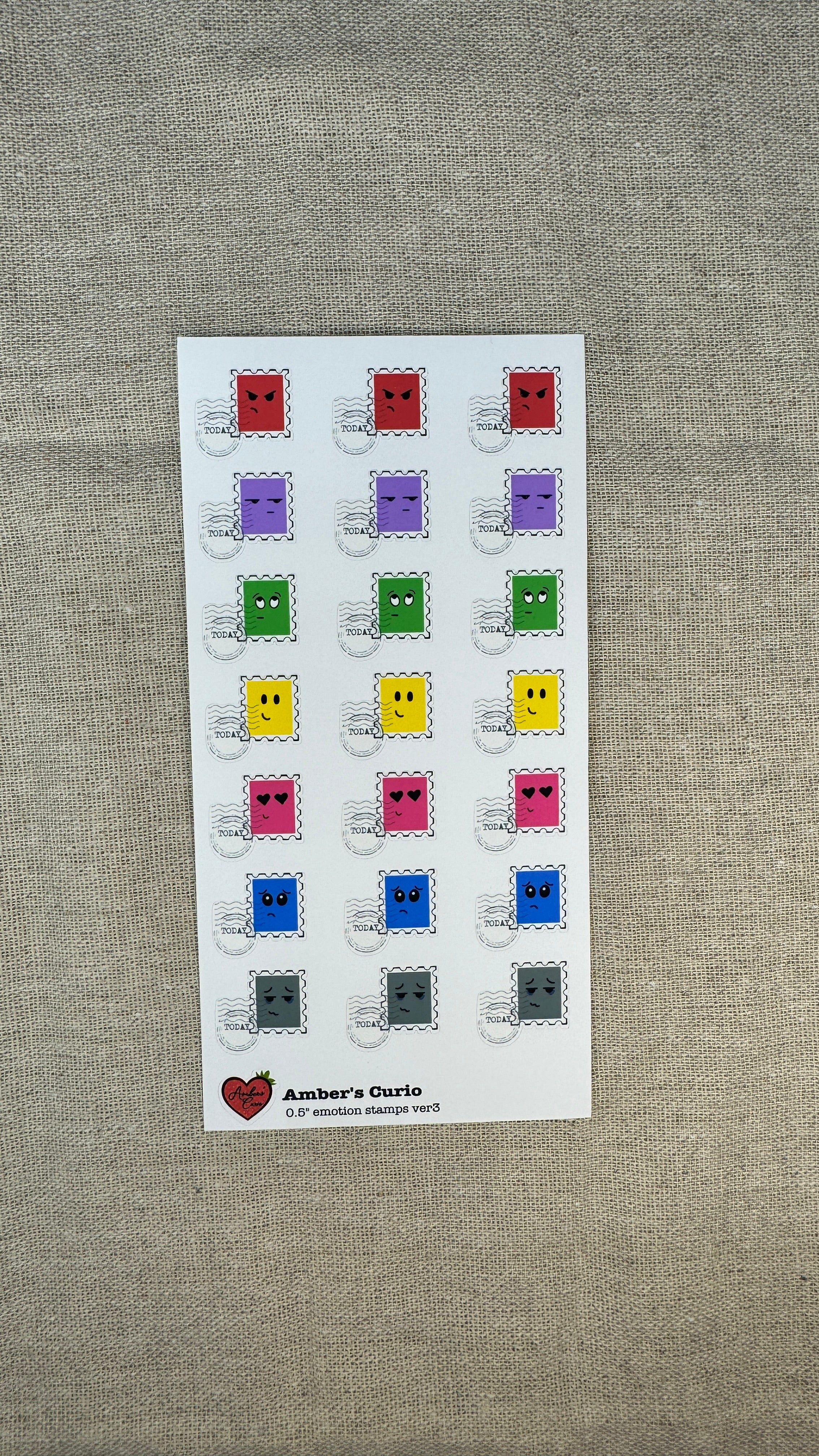 Sticker sheets of emotion doodle icons shaped as stamps printed on premium matte sticker paper