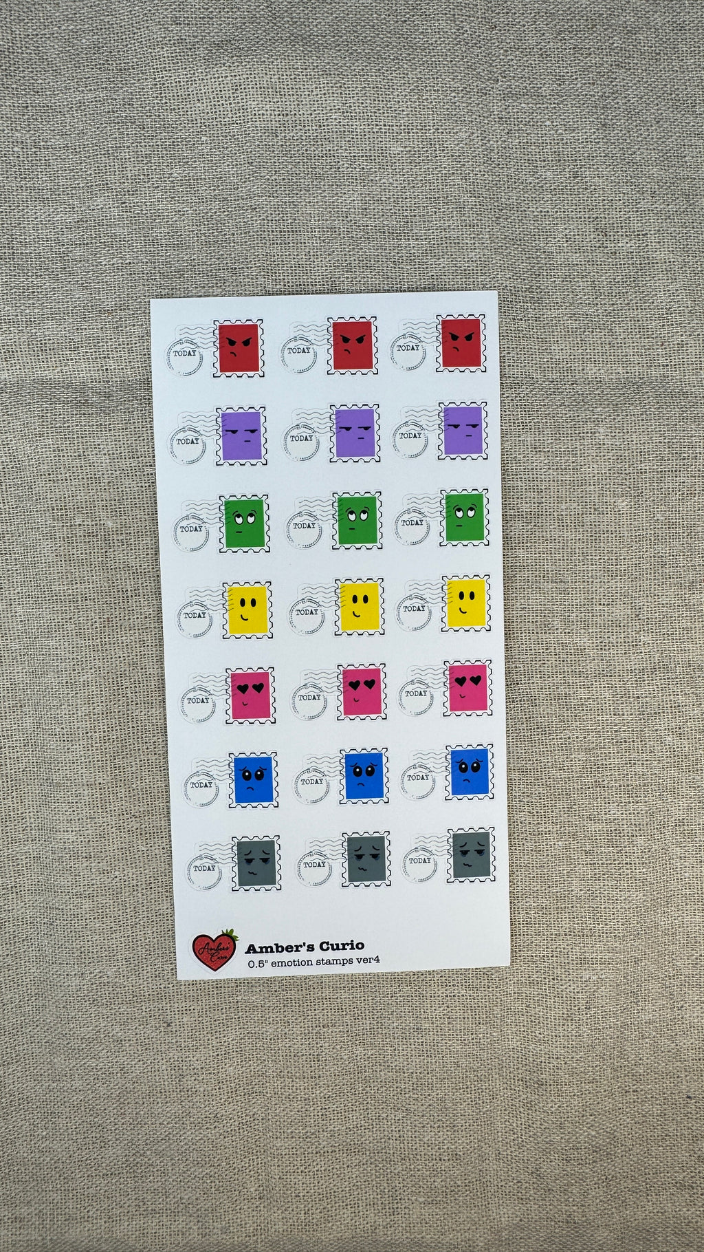 Sticker sheet of emotion doodle icons shaped as stamps printed on premium matte sticker paper