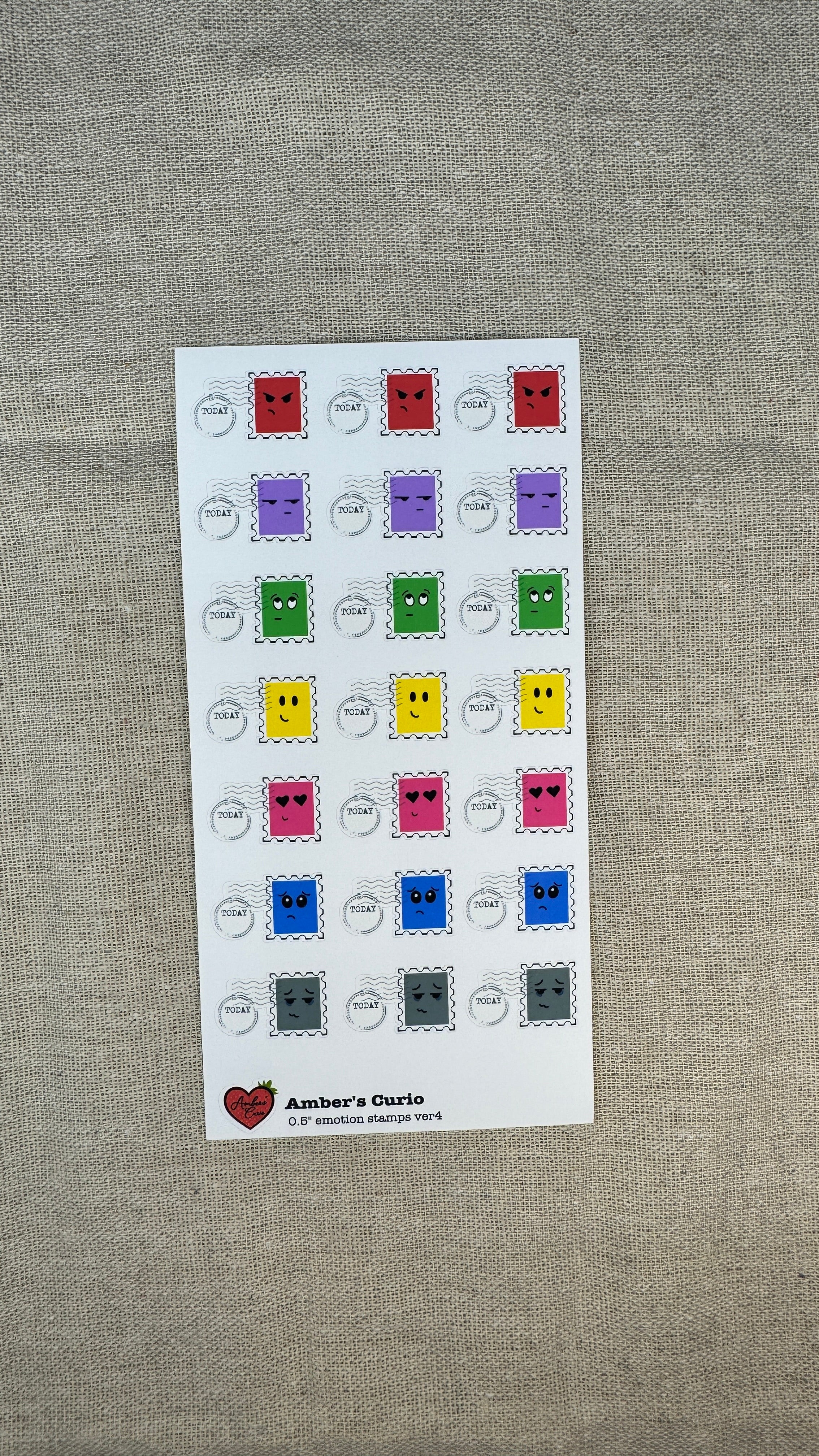 Sticker sheet of emotion doodle icons shaped as stamps printed on premium matte sticker paper