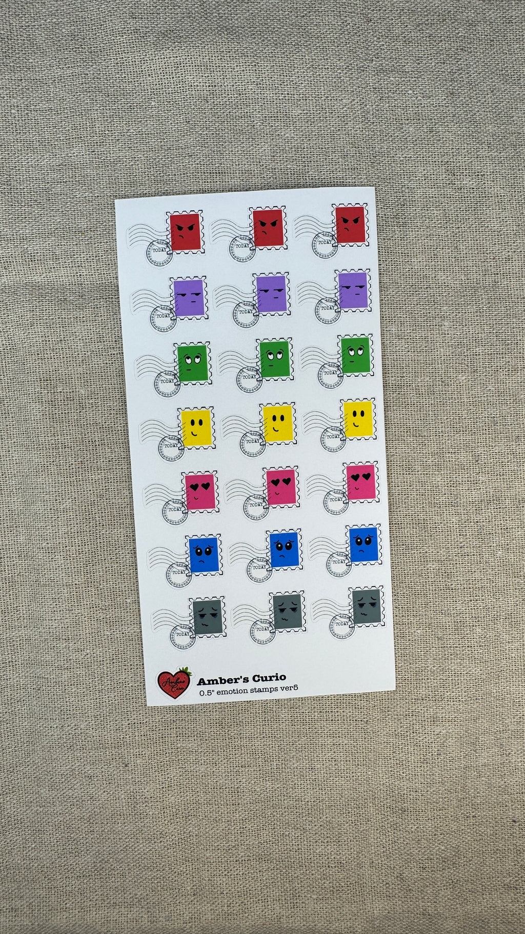 Sticker sheet of emotion doodle icons shaped as stamps printed on premium matte sticker paper