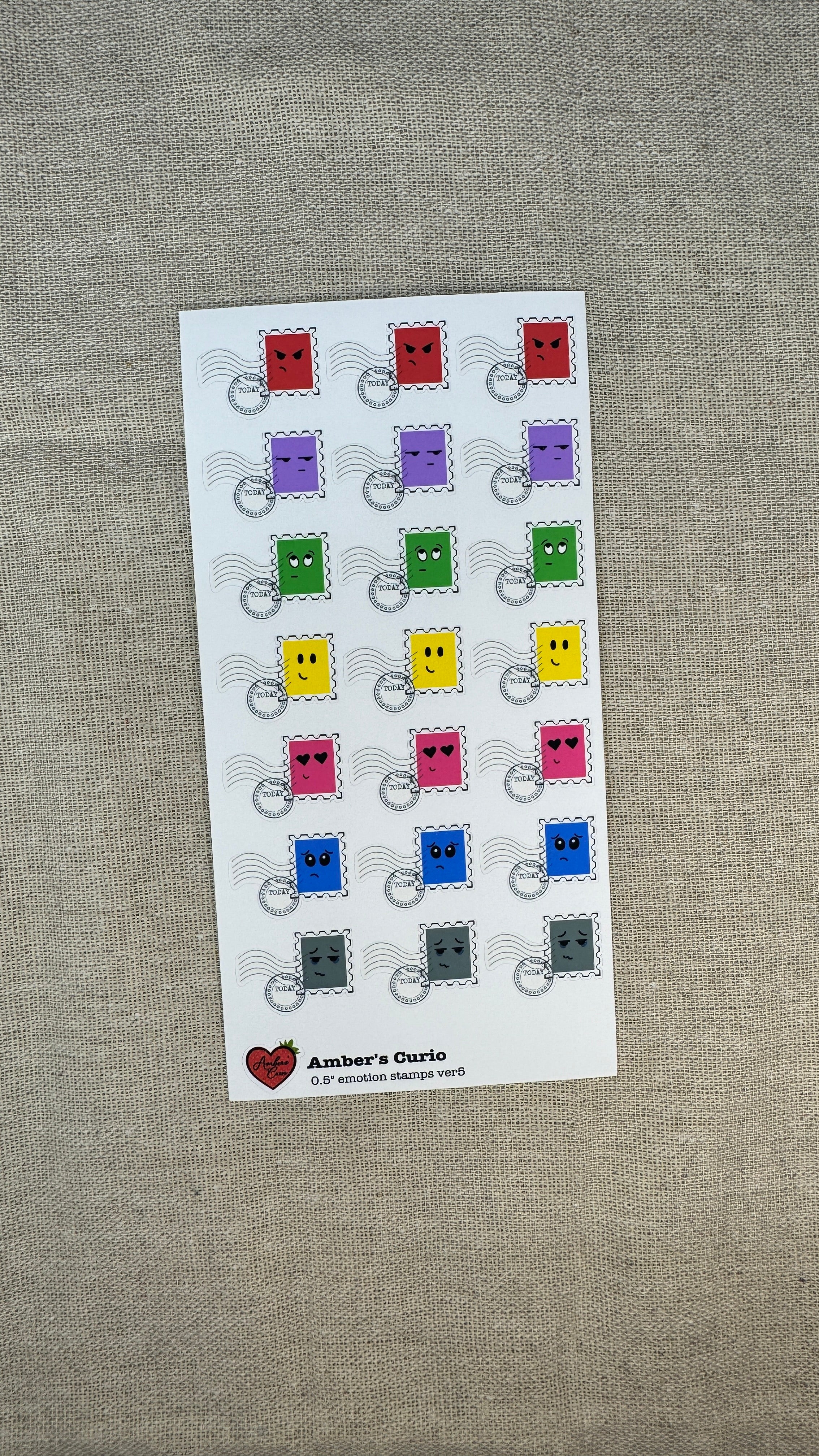 Sticker sheet of emotion doodle icons shaped as stamps printed on premium matte sticker paper