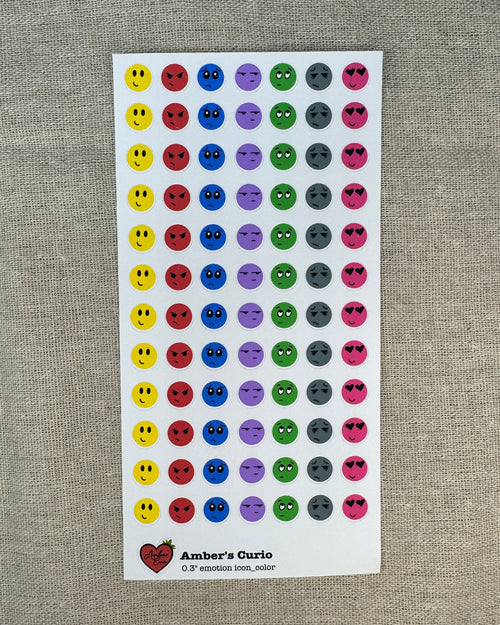 Sheet of colorful emotional faces stickers on a textured gray background