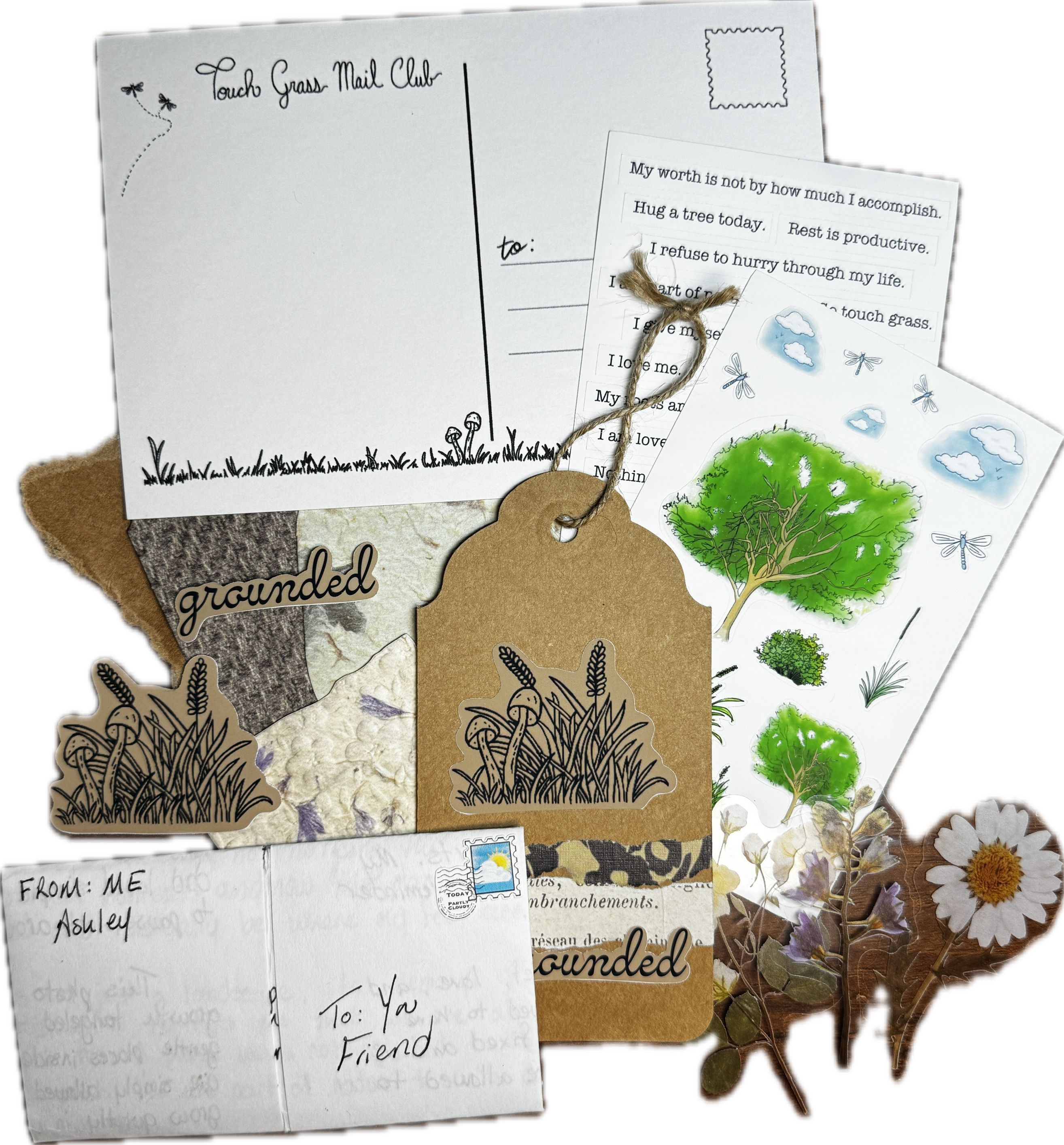 Collection of nature-themed stationery items including postcards, envelopes, and tags.