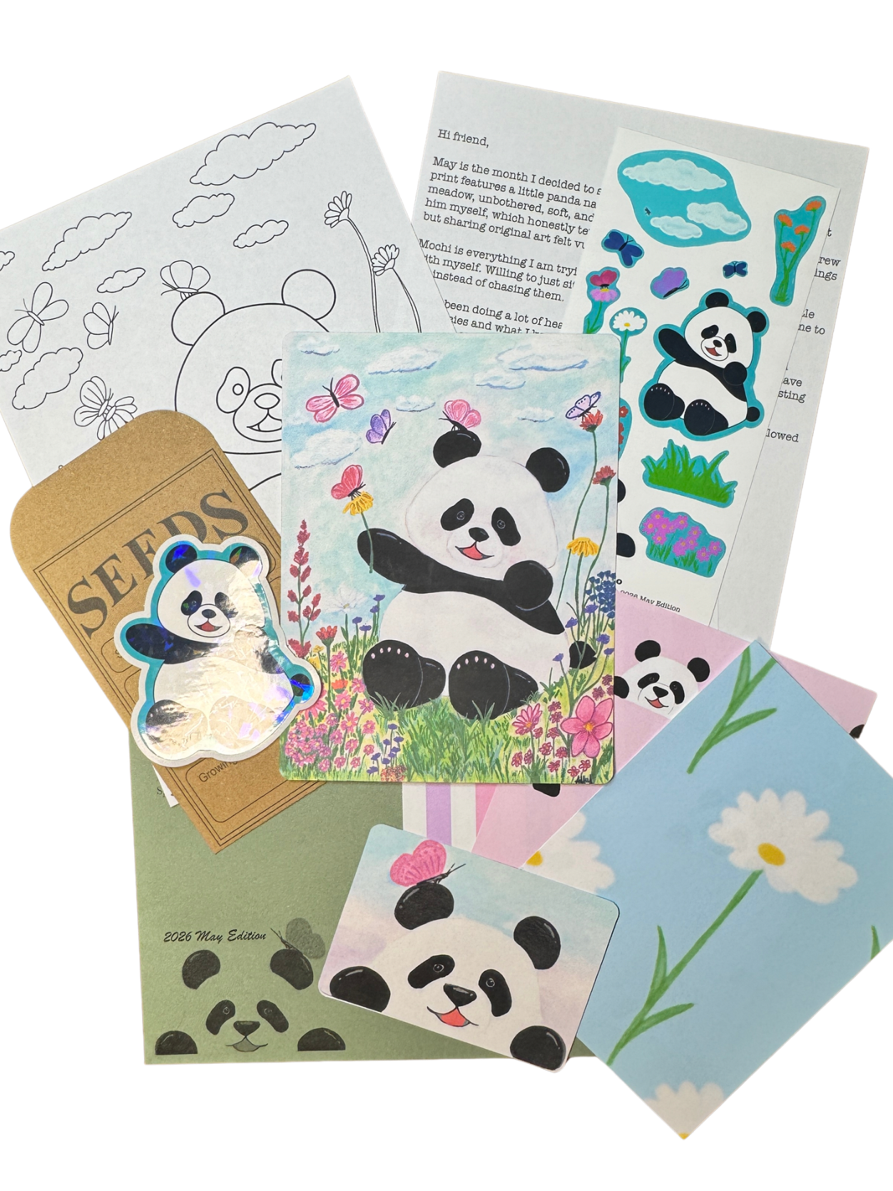 Collection of panda-themed cards and stickers on a white background for the touch grass mail club