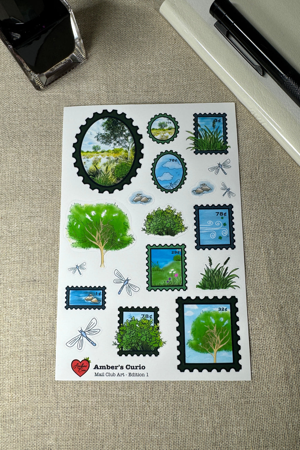 Sticker sheet of trees bushes and dragon flies also in stamp form. 