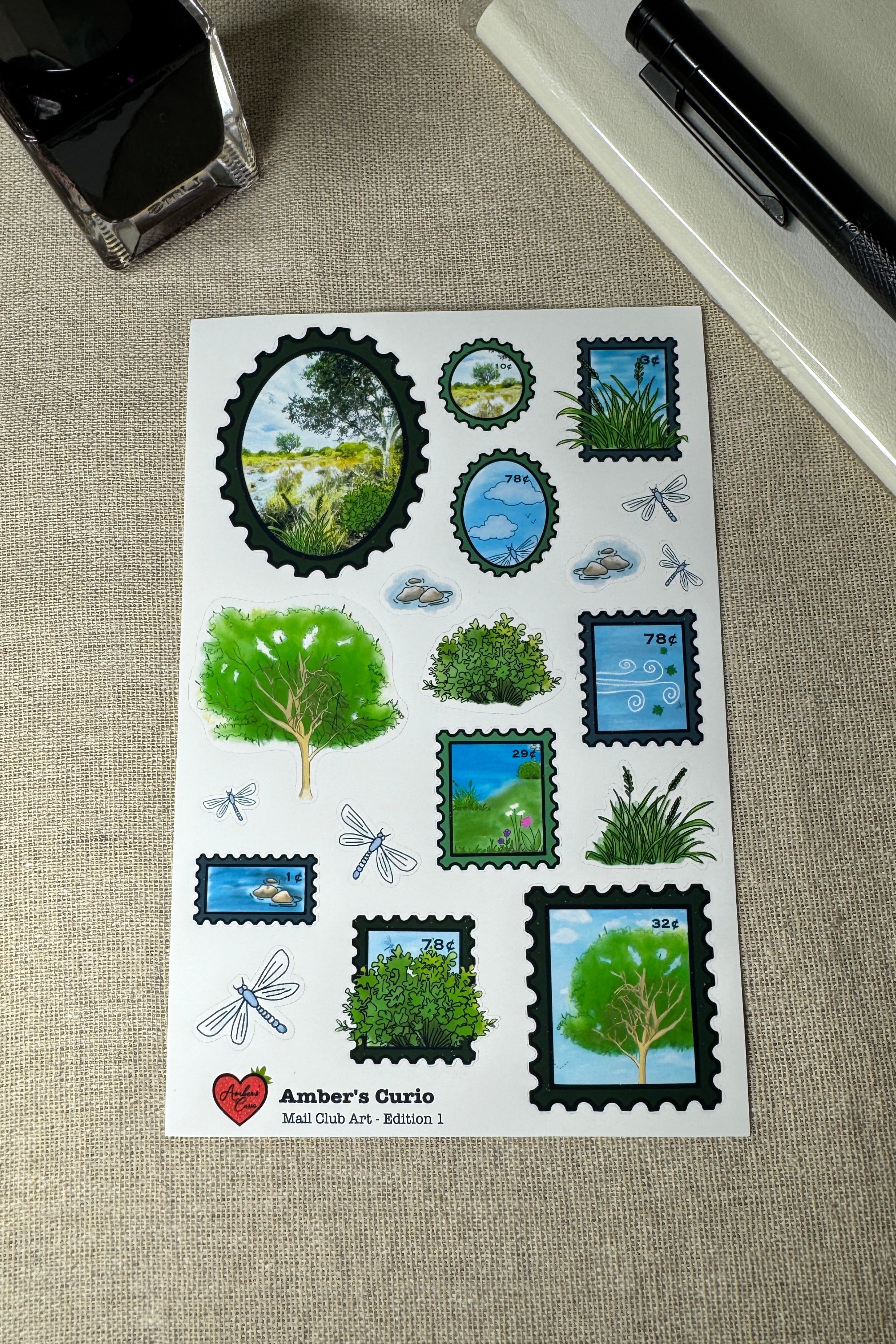 Sticker sheet of trees bushes and dragon flies also in stamp form. 